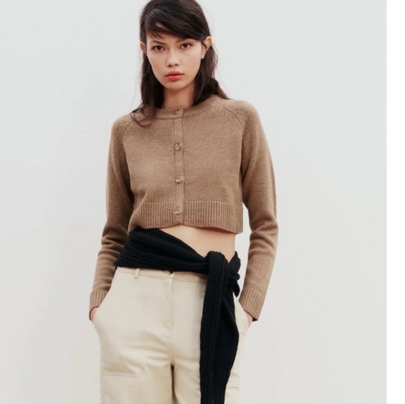 NWT ZARA 100% Lamb Wool Brown Crop Button Up Sweater Size SMALL - Picture 2 of 4